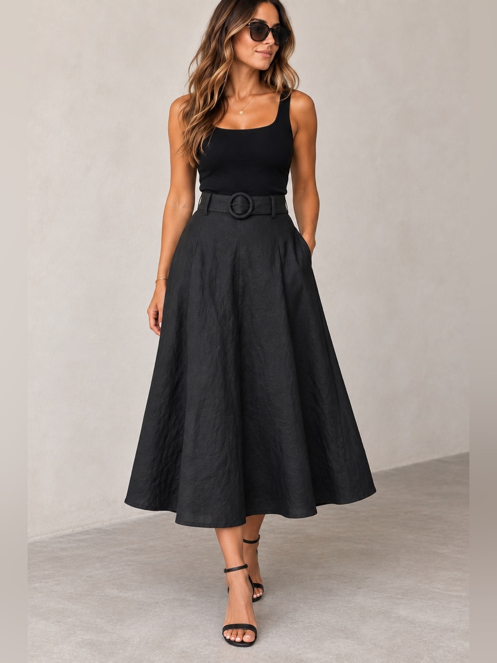 MNG Mango Black 100% Linen Belted A-Line Midi Skirt Size 12